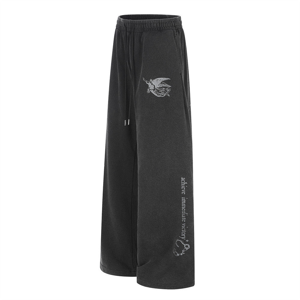 Wide-Leg Sweatpants with Angel & Sword Graphic Print – Vintage Punk Style