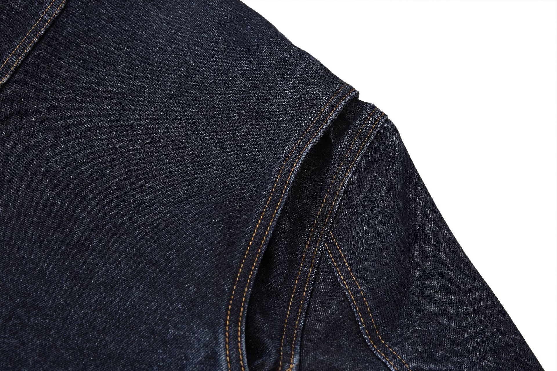 Veste biker moto en denim – Col montant indigo foncé, poches zippées et base ceinturée