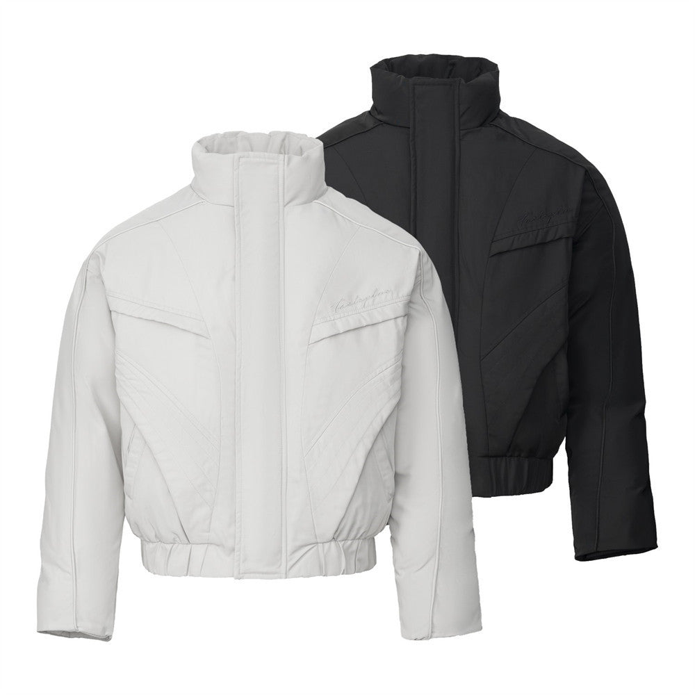 Oversized Puffer Bomber Jacket – Stand Collar, Geometric Seam Detail