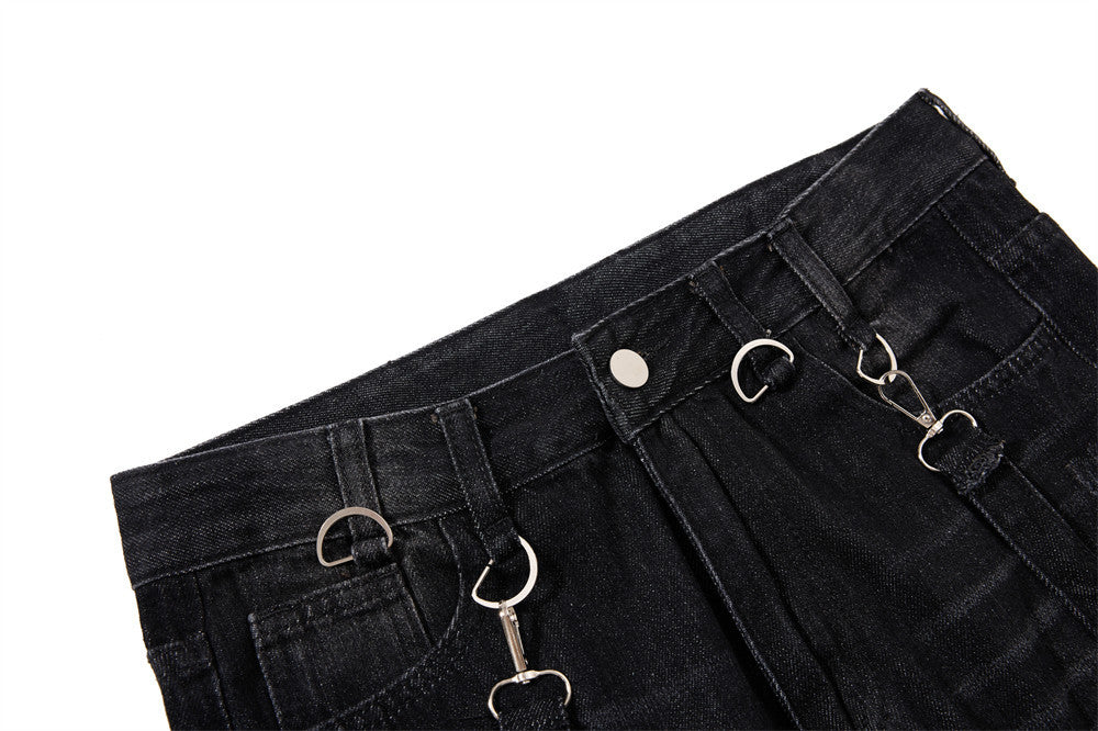 Gothic Buckle Strap Flare Jeans – Men's Washed Black Distressed Denim