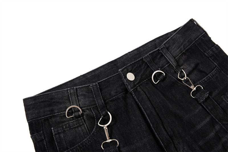 Gothic Buckle Strap Flare Jeans – Men's Washed Black Distressed Denim