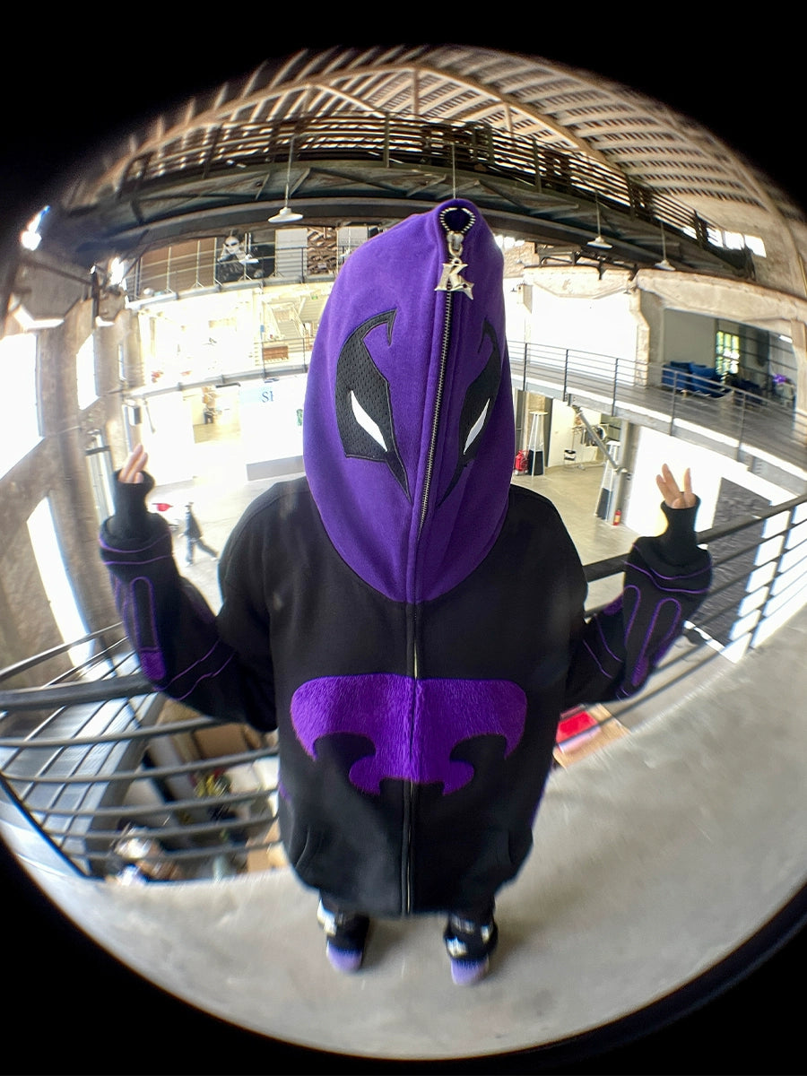 Dark Hero Hoodie - 400GSM Oversized Black and Purple Superhero Zip-Up Sweatshirt