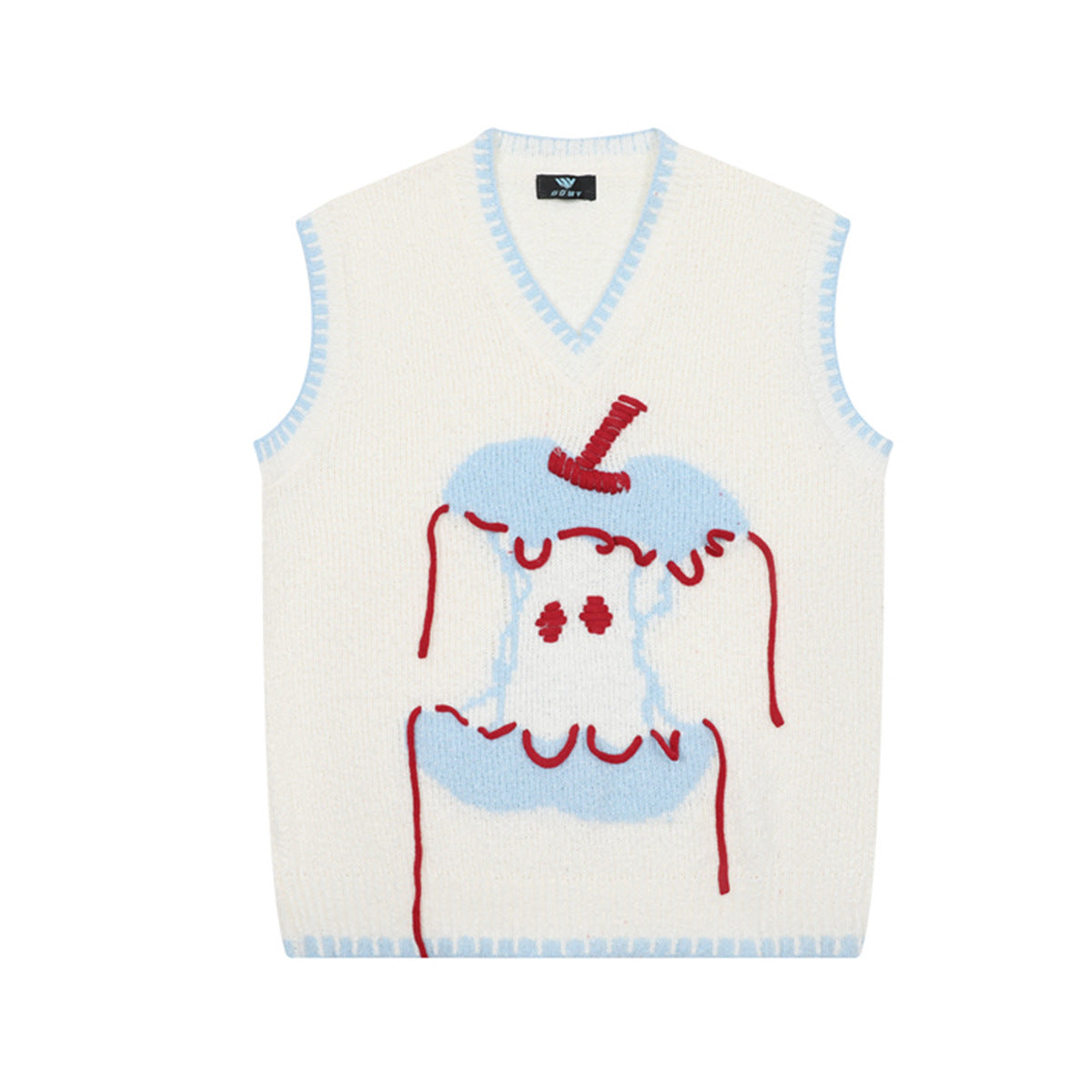 Cream white V-neck knit sweater vest with cartoon bear jacquard graphic and sky-blue blanket-stitch trim