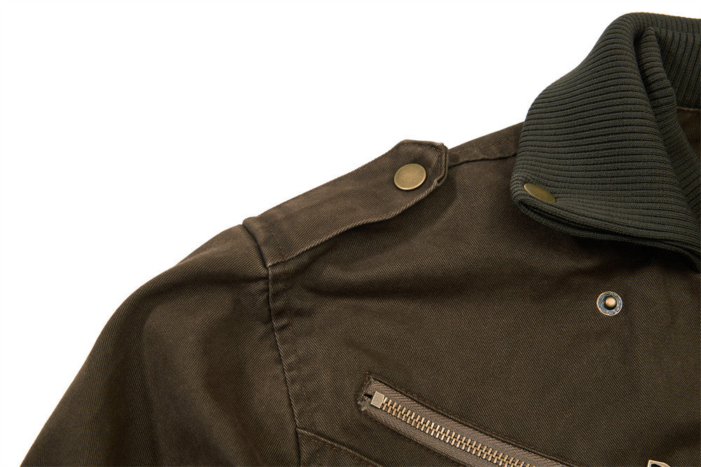 Washed Cargo Bomber Jacket – Men's Oversized Stand Collar with Double Chest Zips