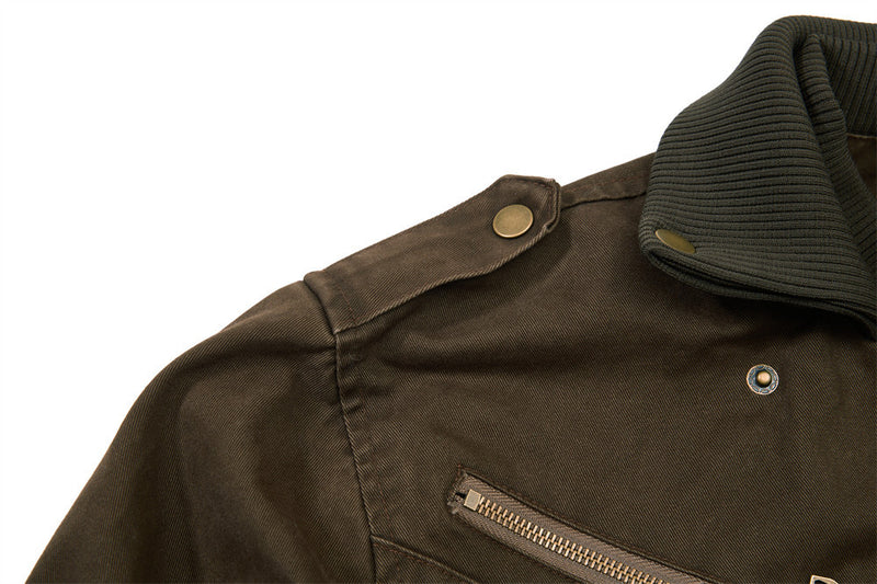 Washed Cargo Bomber Jacket – Men's Oversized Stand Collar with Double Chest Zips