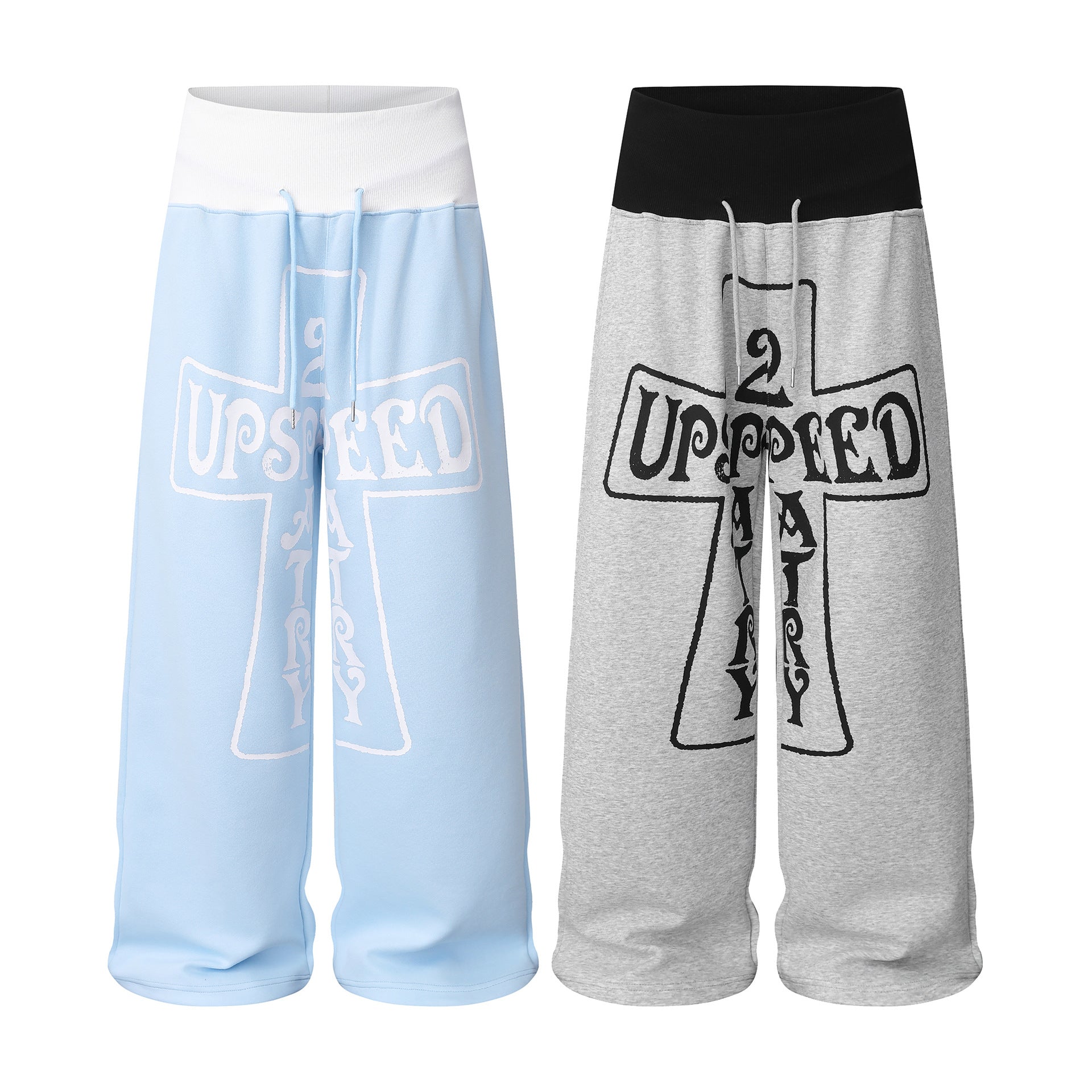 Pantalon de survêtement baggy à jambes larges avec imprimé graphique croix et ceinture haute contrastée colorblock gris chiné et bleu poudré