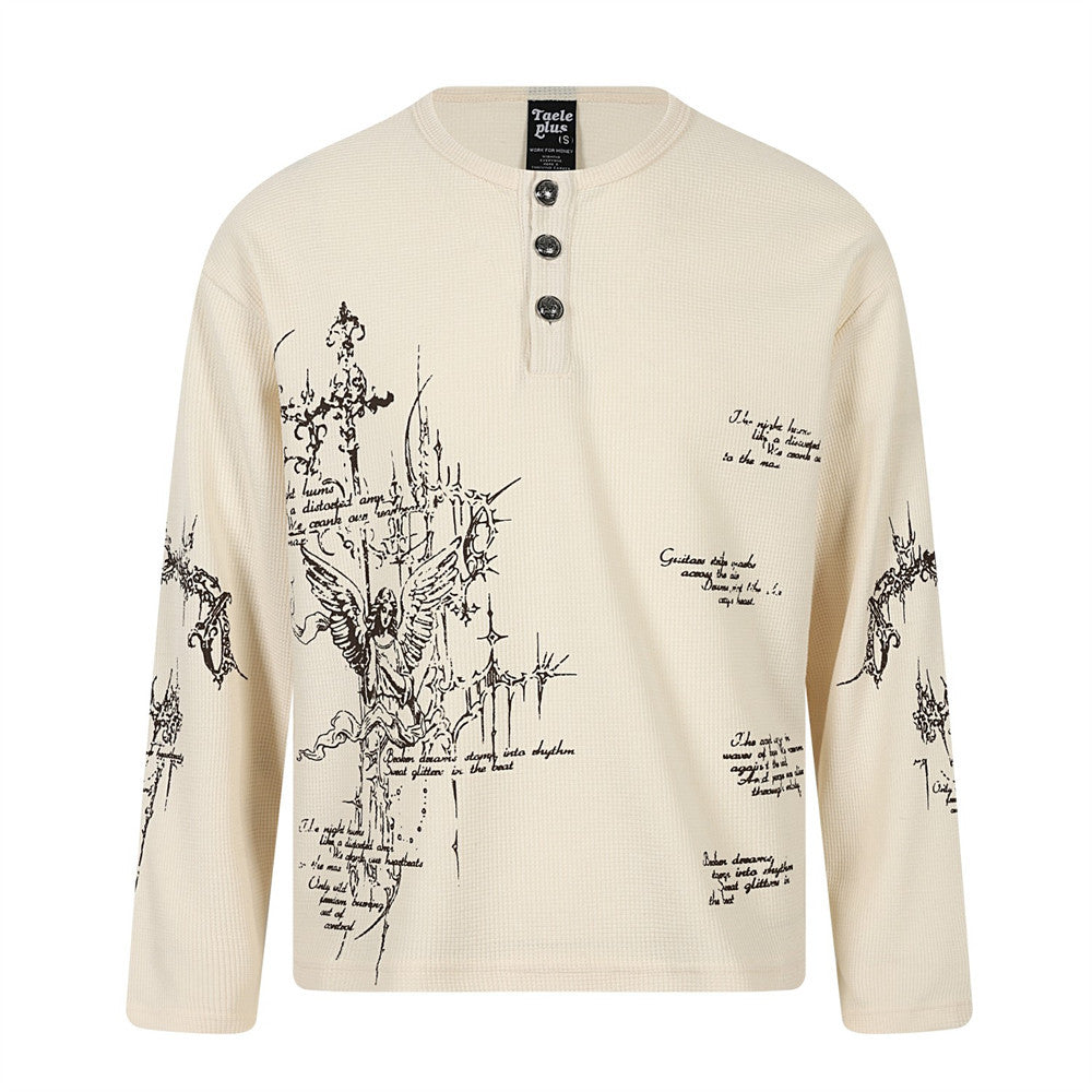 Gothic Cross & Angel Print Henley Long-Sleeve Shirt – Waffle Knit Hip-Hop Top