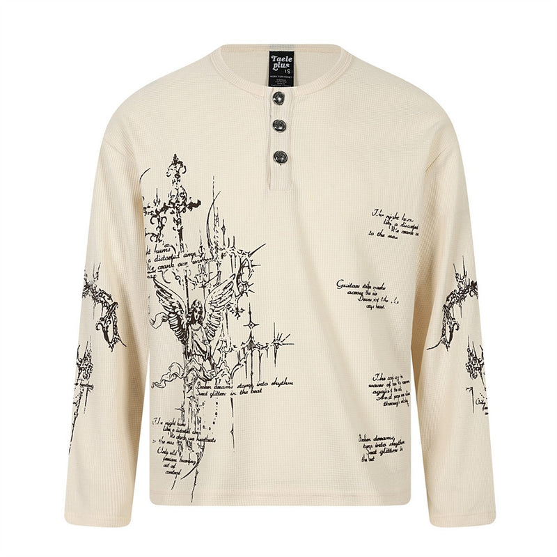 Gothic Cross & Angel Print Henley Long-Sleeve Shirt – Waffle Knit Hip-Hop Top