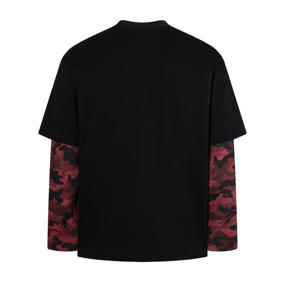Long Sleeve T-Shirt Men Black Camo Layered Graphic Rock Print Oversized Tee