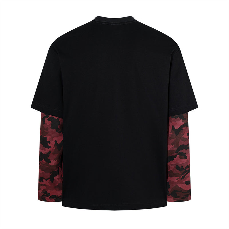 Long Sleeve T-Shirt Men Black Camo Layered Graphic Rock Print Oversized Tee