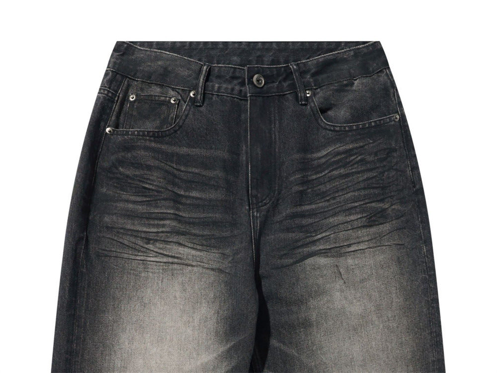 Wide-Leg-Baggy-Jeans – Verwaschene schwarze Distressed-Denim-Herrenjeans