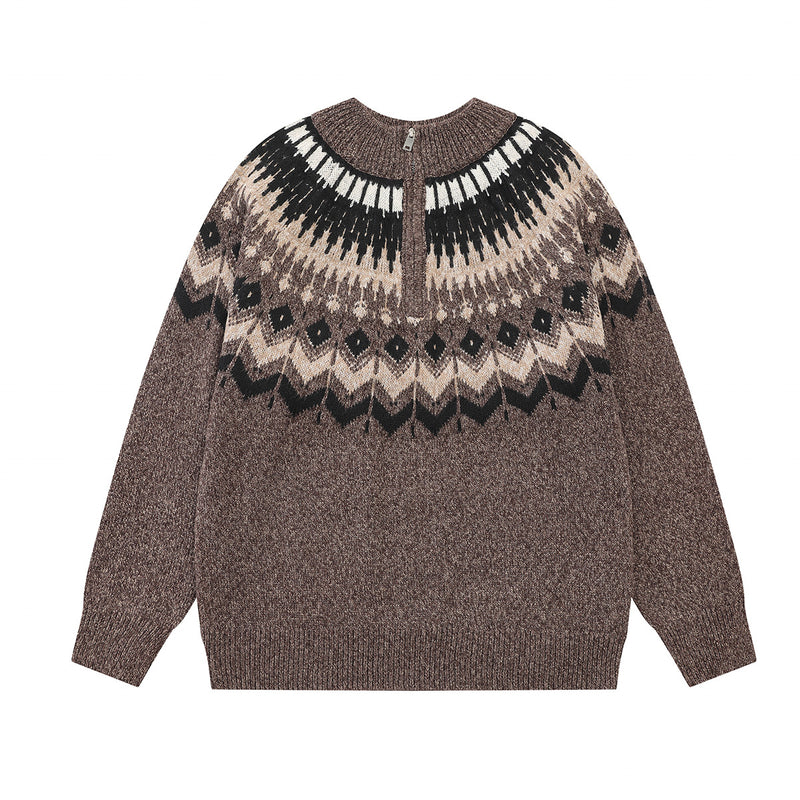 Fair Isle Jacquard Knit Zip-Up Sweater – Vintage Half-Zip Pullover