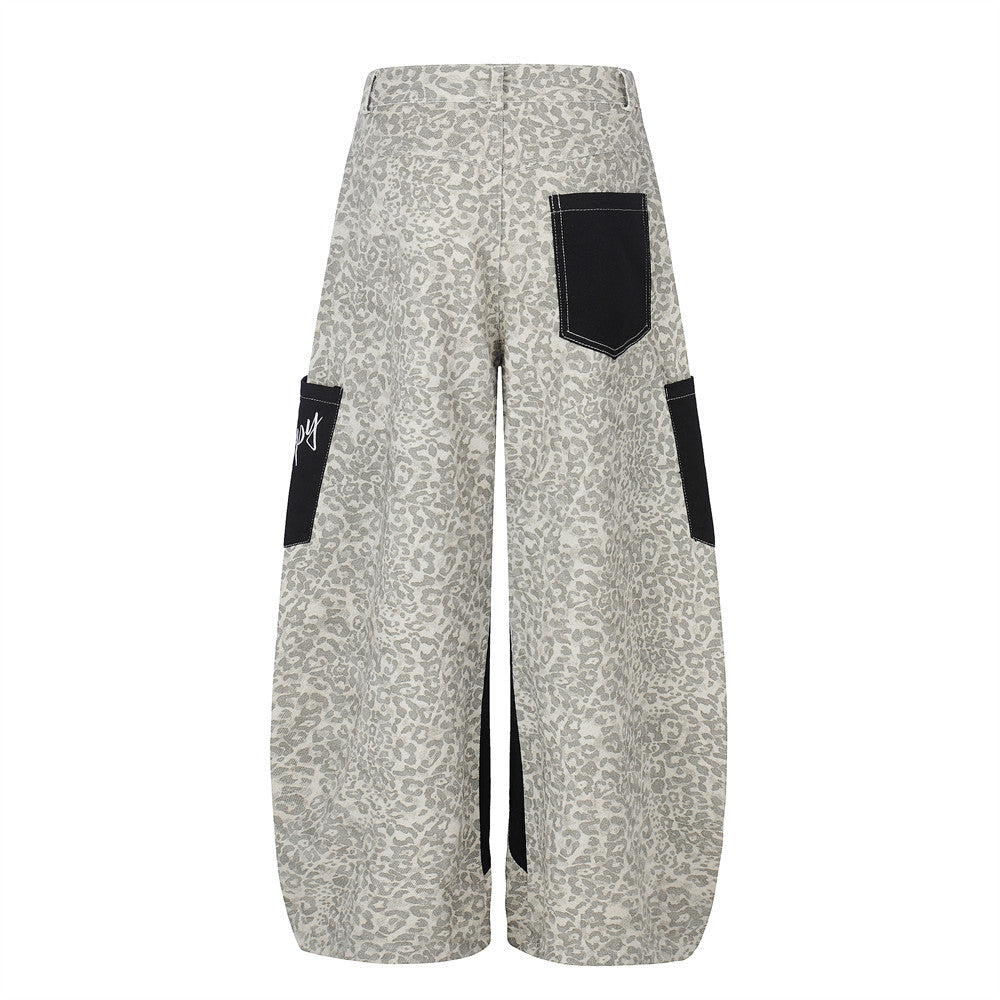 Leopard Print Colorblock Cargo Wide-Leg Jeans