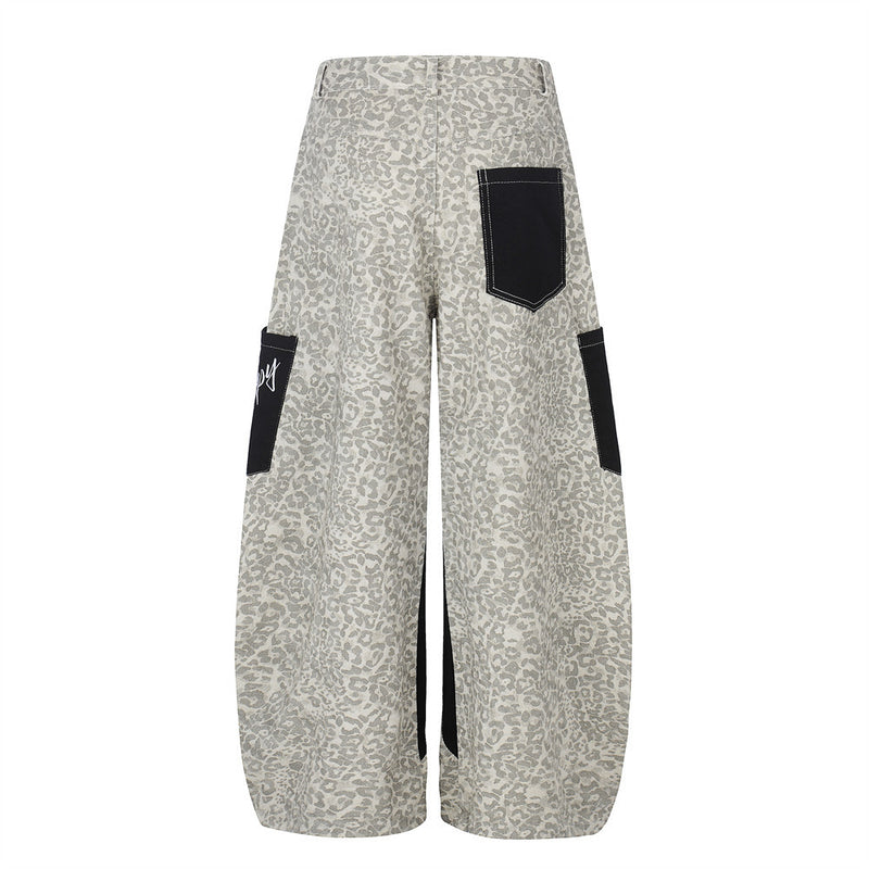 Leopard Print Colorblock Cargo Wide-Leg Jeans