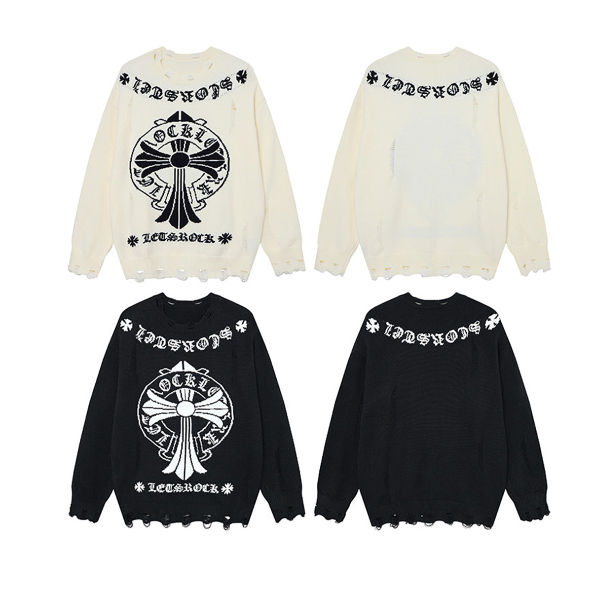Crew Neck Knit Sweater Gothic Cross Distressed Hem Streetwear