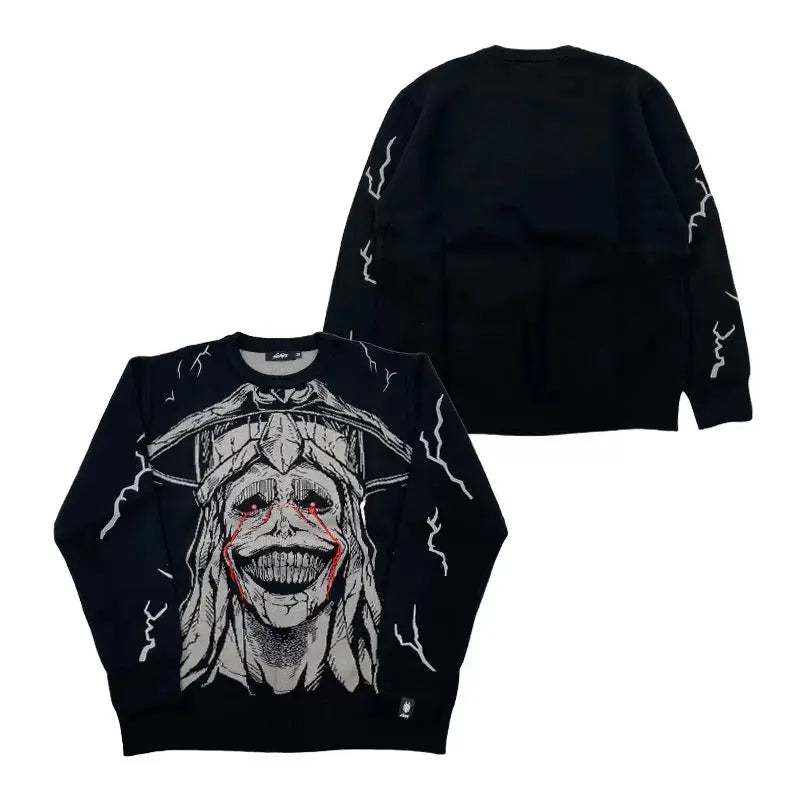Dark Anime Demon Skull Lightning Jacquard Knit Sweater in Black