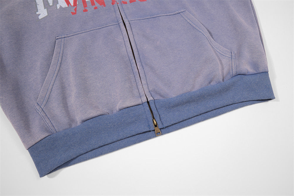 Vintage Graphic Zip-Up Hoodie – Distressed Letter Print, Spray-Dyed Oversized