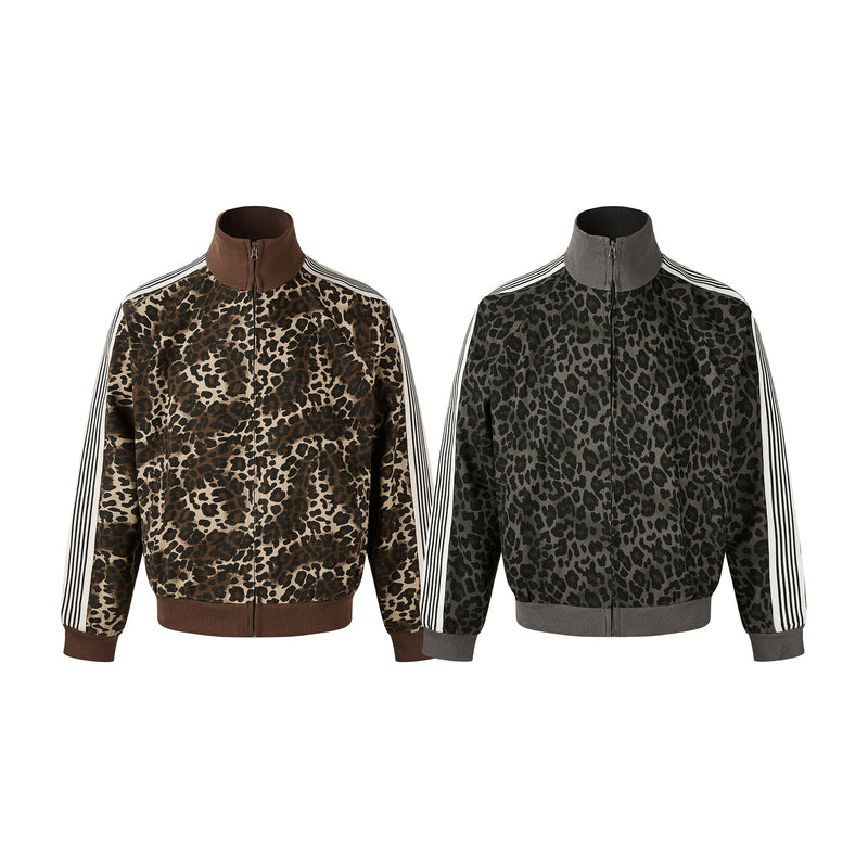 Leopard Print Track Jacket with Striped Sleeve Tape and Mock Neck Zip