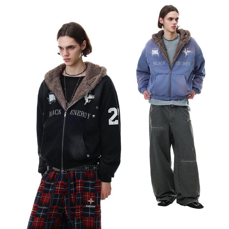 Black Energy Faux Fur-Lined Hooded Bomber Jacket – Washed Fleece Winter Coat