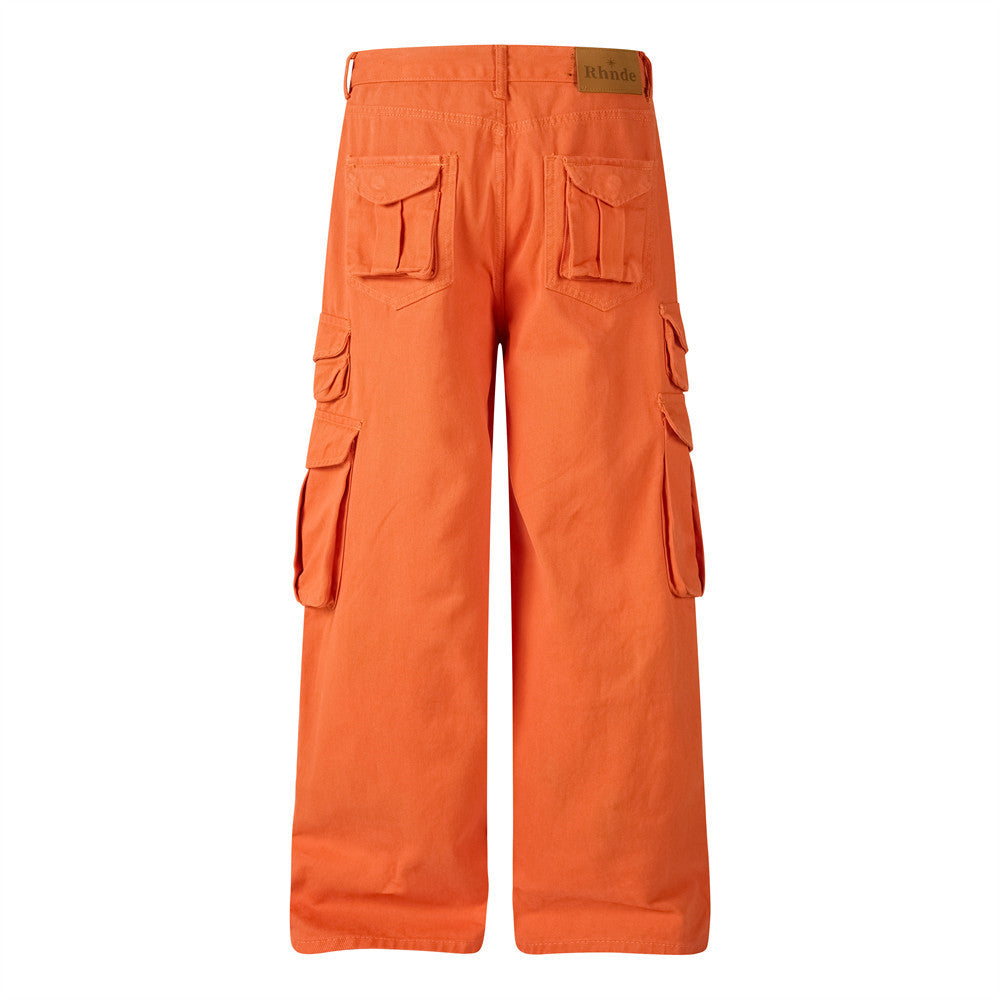 Wide-Leg Cargo Pants – Relaxed Fit Multi-Pocket Straight Trousers in Orange