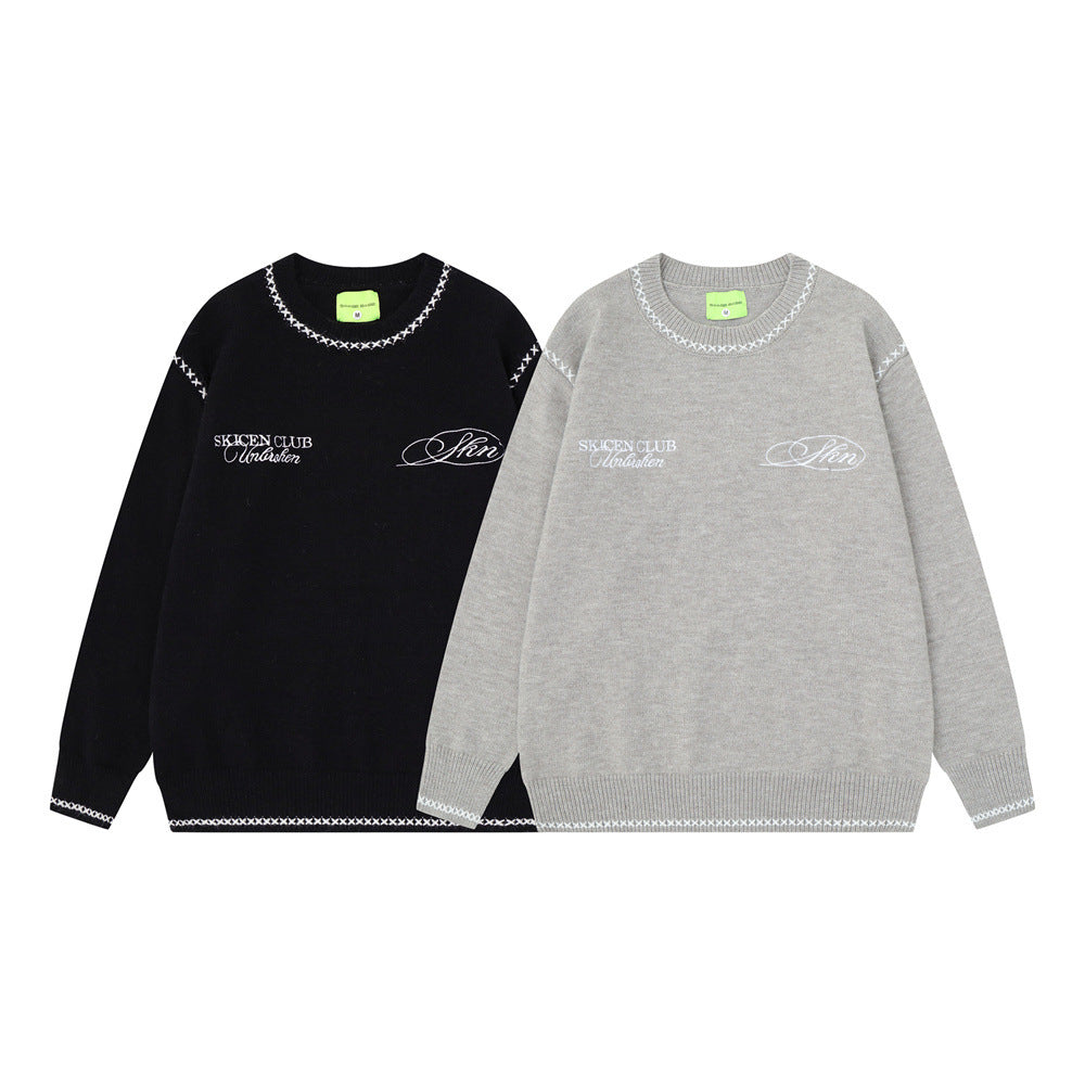 Crew Neck Sweater Men's Oversized Embroidered Knit Pullover