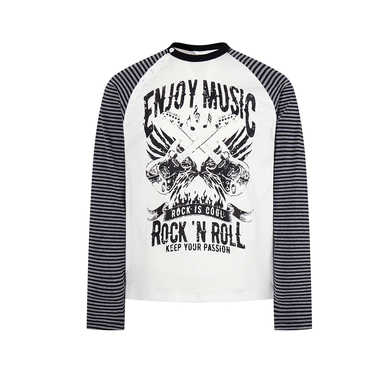 Long sleeve raglan shirt with black and grey striped sleeves and Rock 'N Roll graphic print on white and black body options