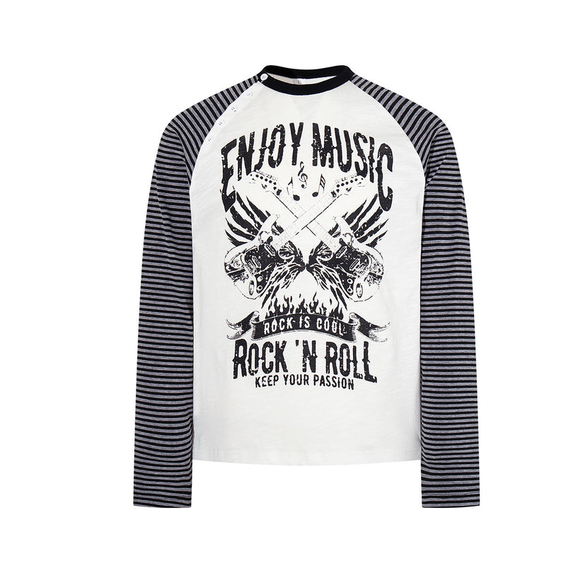 Long sleeve raglan shirt with black and grey striped sleeves and Rock 'N Roll graphic print on white and black body options