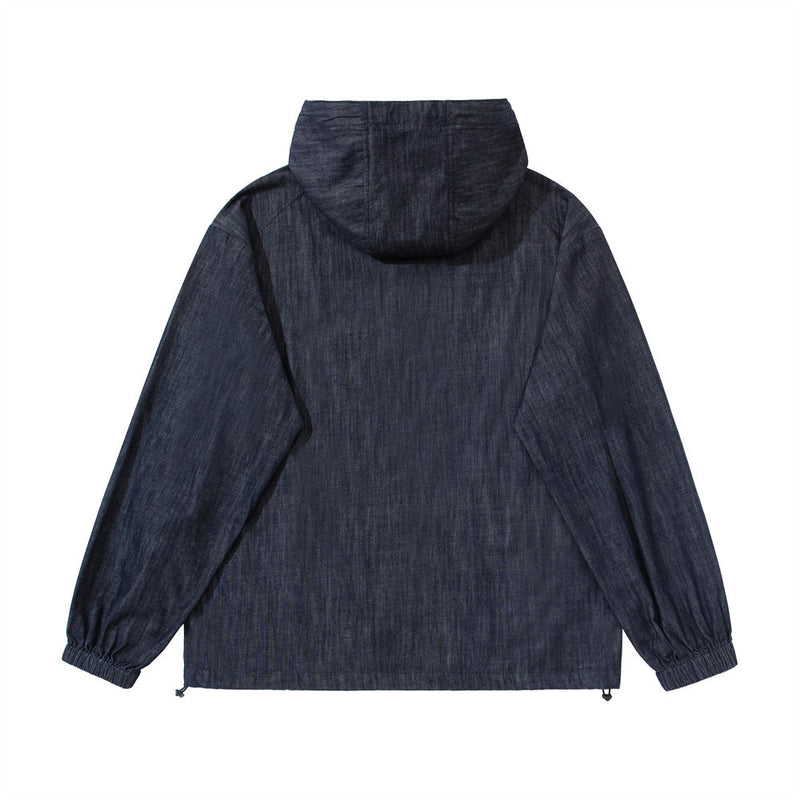 Men's Denim Pullover Anorak Hoodie – Oversized Half-Button Drawstring Hem