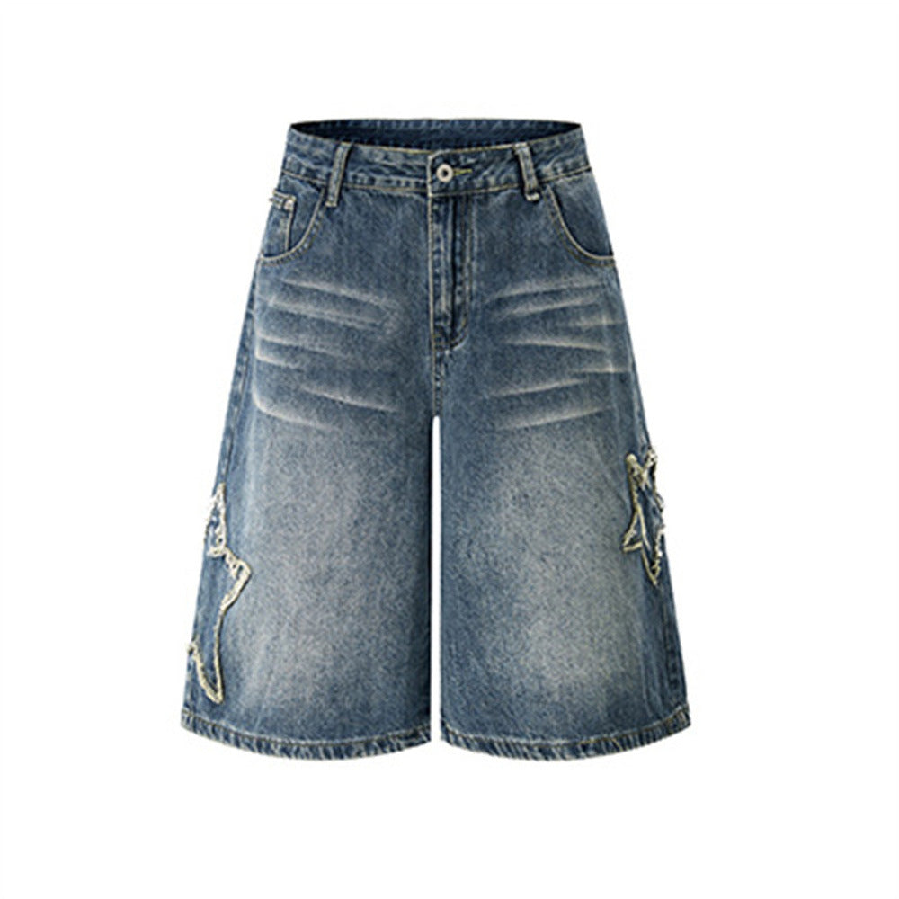 Men's Baggy Denim Shorts with Star Patch Detail, Washed Wide-Leg Five-Point Cut