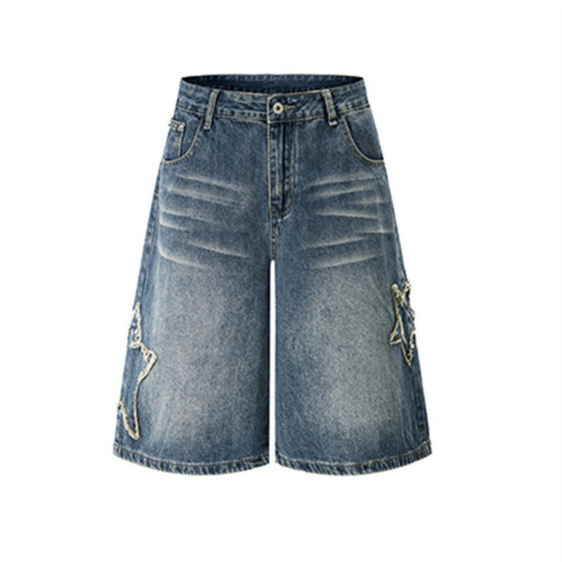 Men's Baggy Denim Shorts with Star Patch Detail, Washed Wide-Leg Five-Point Cut