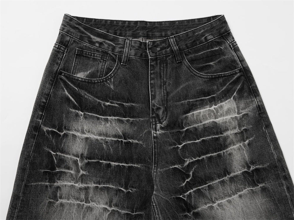 Baggy Dark Wash Jeans – Men's Wide Leg Vintage Punk Distressed Faded Denim