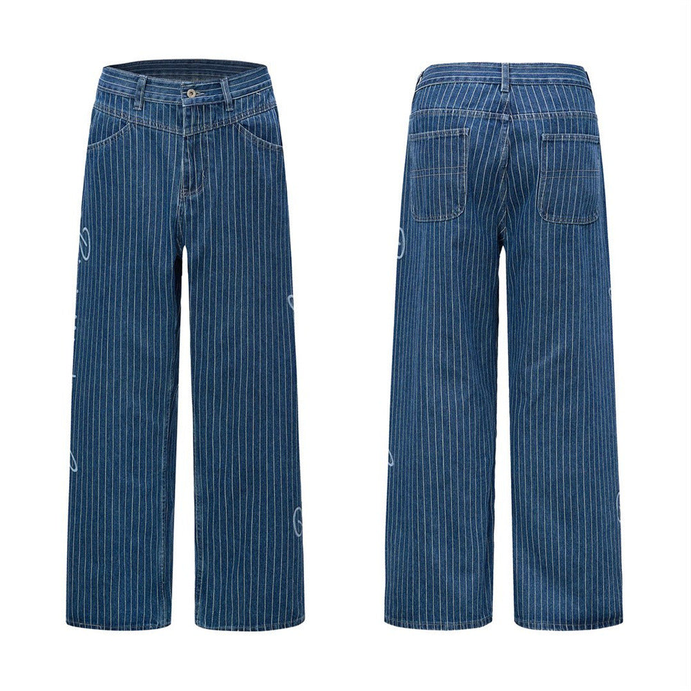 Jean droit à jambes larges à fines rayures pour homme avec broderie script
