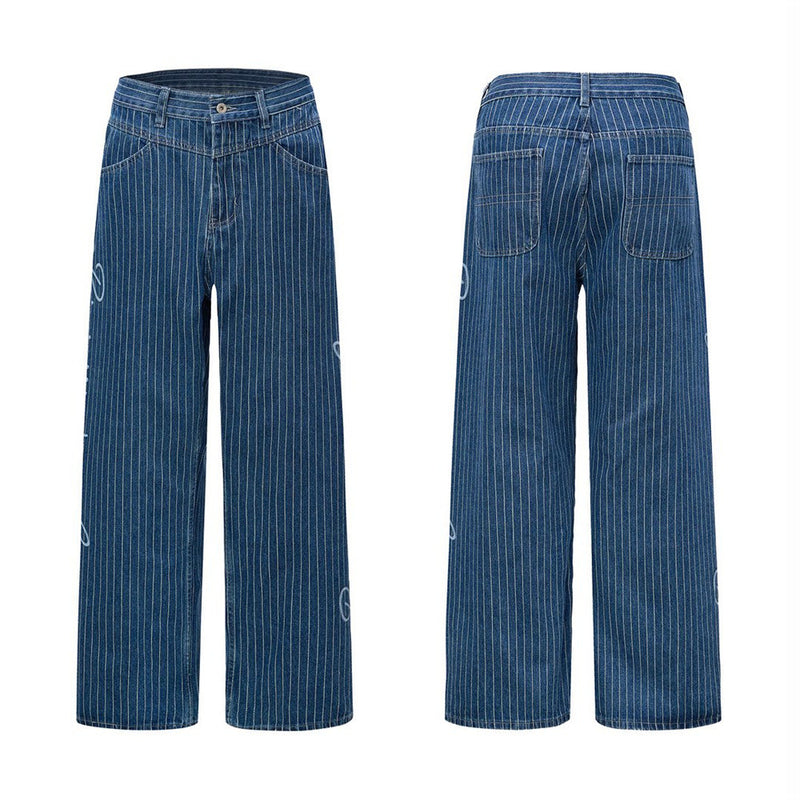 Jean droit à jambes larges à fines rayures pour homme avec broderie script