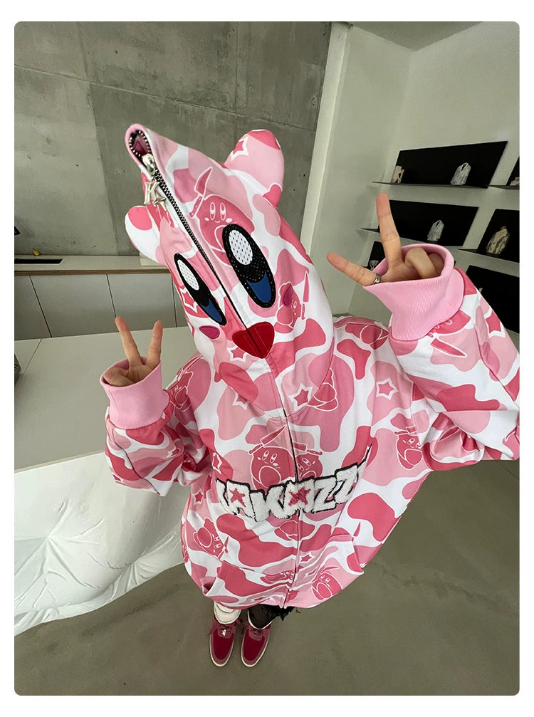 Pink Kirby-Inspired Hoodie - 400GSM Cotton with Camo Design and 3D Ears