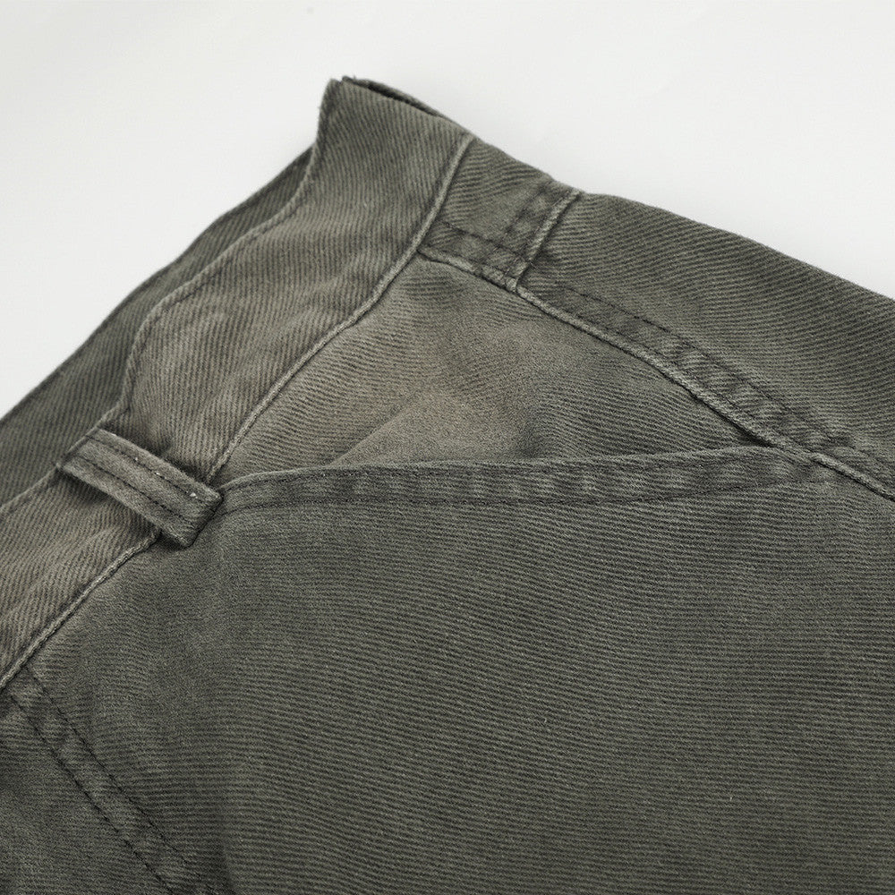 Wide-Leg Cargo Pants – Washed Denim Multi-Pocket Straight-Cut Trousers