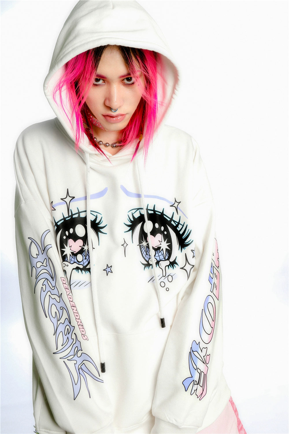 Kawaii Aesthetic Crying Eyes Hoodie – Pastel &amp; Dark Anime Pullover with Sleeve Graphics