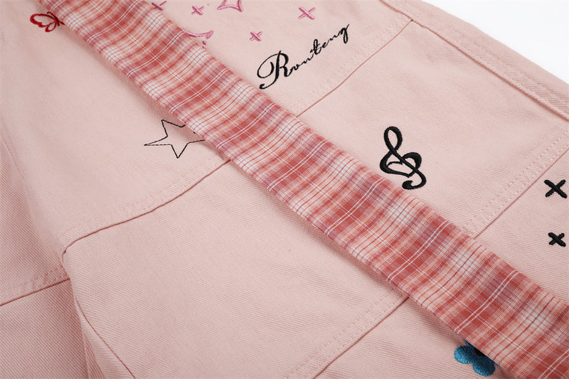 Cartoon Embroidery Wide-Leg Shorts with Plaid Tie Detail