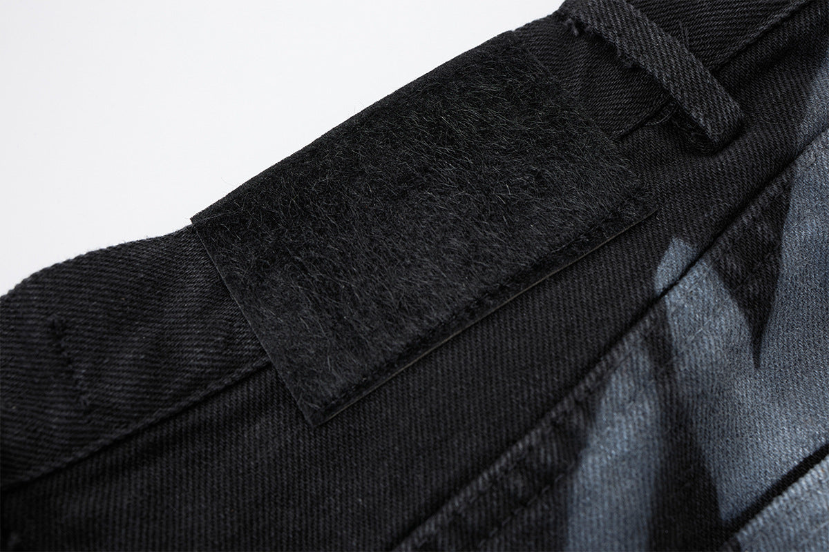 Black Low Rise Baggy Jeans with Tribal Spray-Paint Graphic Wide Leg