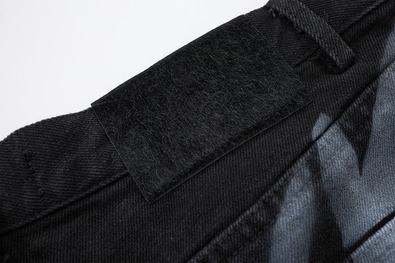 Black Low Rise Baggy Jeans with Tribal Spray-Paint Graphic Wide Leg