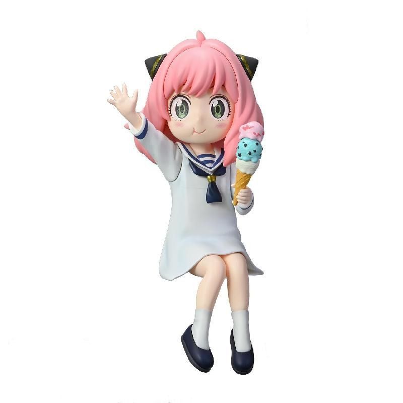 The Anya Forger with Ice Cream Figure, a Spy × Family PVC anime collectible, showcases a charming character with pink hair and cat-like ears in a white and blue school uniform, seated with one hand raised and holding a two-scoop ice cream cone.