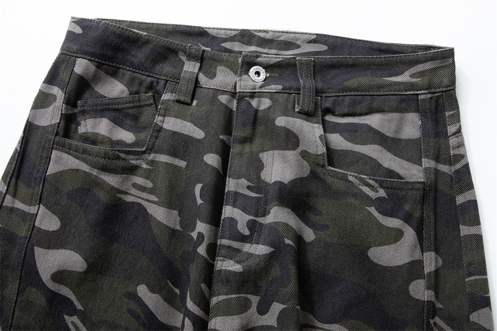Wide-Leg Camo Cargo Pants – Baggy Fit Dark Green Camouflage Trousers