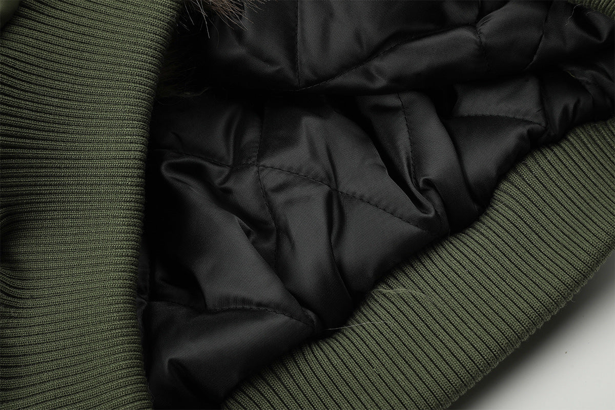 Army Green Bomber Jacket with Leopard Faux Fur Collar & Studs