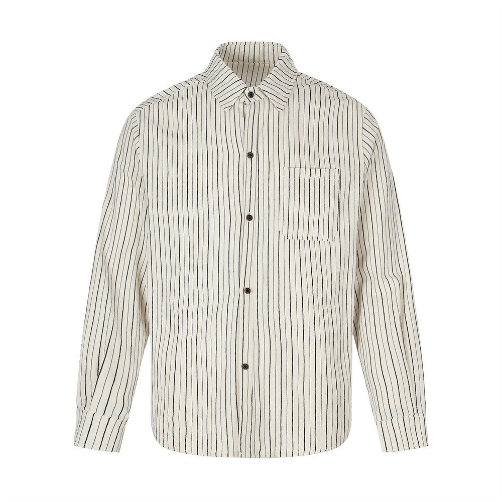 Men's oversized long sleeve pinstripe button-up shirt in off-white with dark contrast buttons and chest pocket