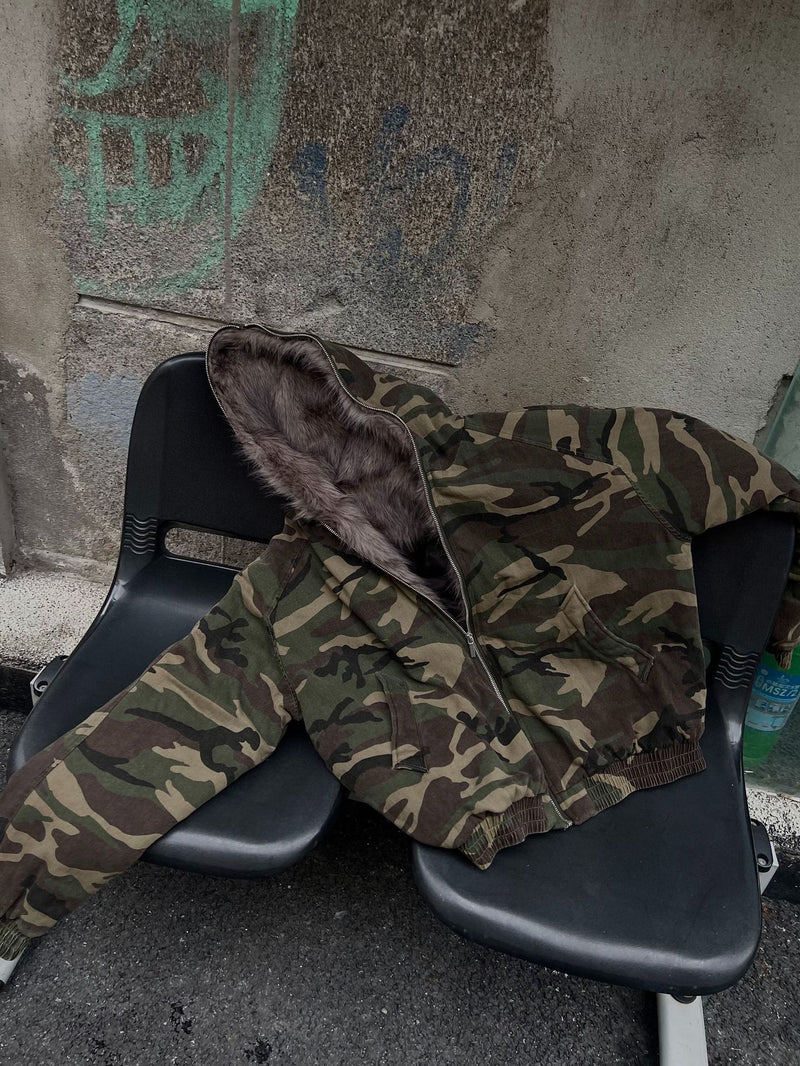 Blouson bomber homme camouflage doublé en fausse fourrure avec capuche