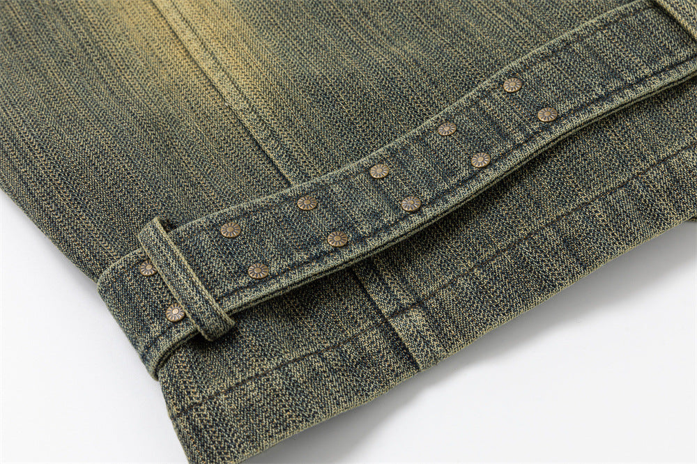 Vintage Washed Denim Jacket – Floral Embroidery, Zip-Up, Belted Waist