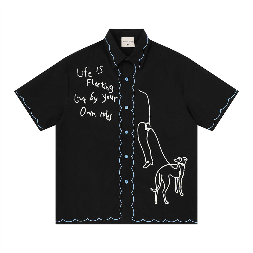Abstract Greyhound Embroidered Short Sleeve Shirt – Oversized Casual Streetwear