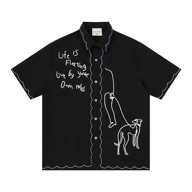 Abstract Greyhound Embroidered Short Sleeve Shirt – Oversized Casual Streetwear