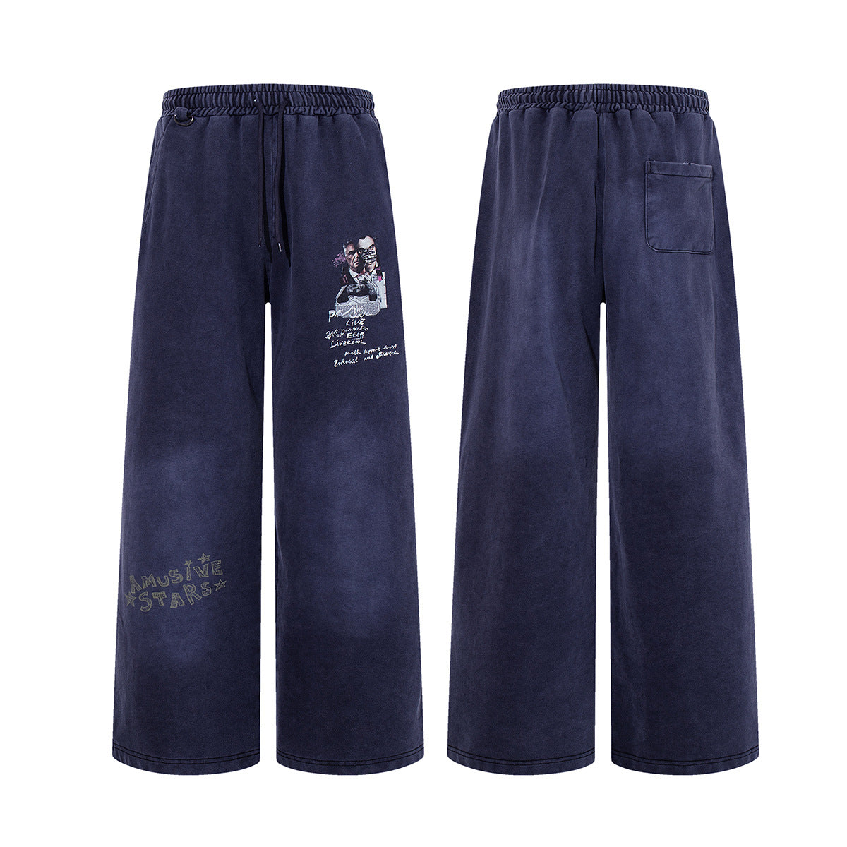 Wide-Leg Acid Wash Sweatpants – Vintage Graphic Print, Navy