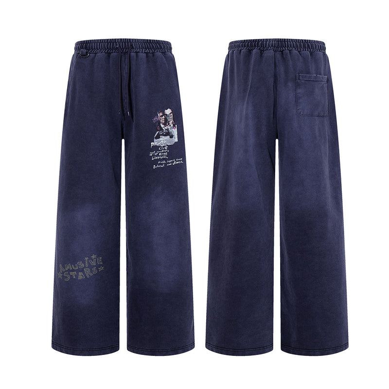 Wide-Leg Acid Wash Sweatpants – Vintage Graphic Print, Navy