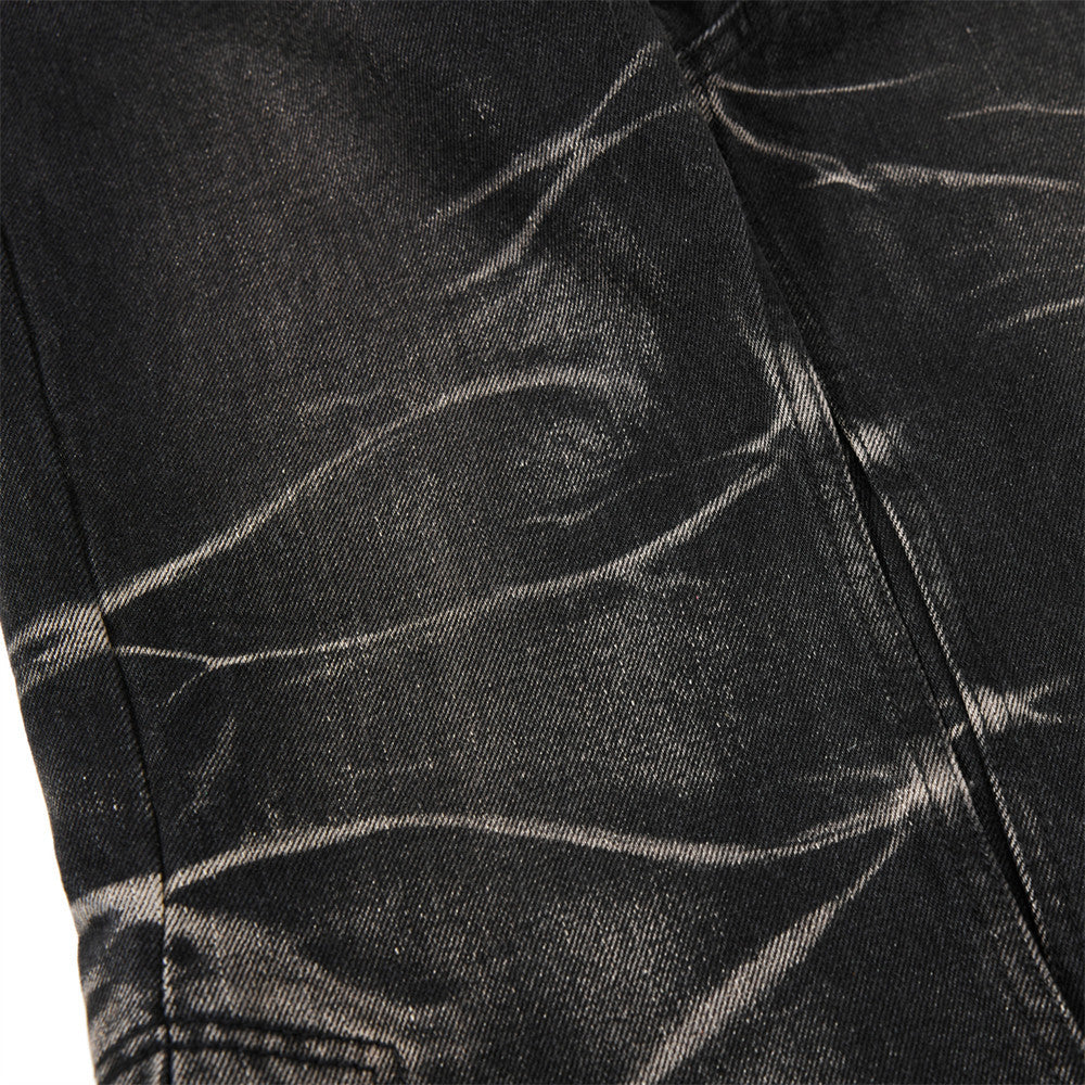 Men's Bell Bottom Jeans – Black Acid Wash Flare Leg with Lace-Up Hem & Button
